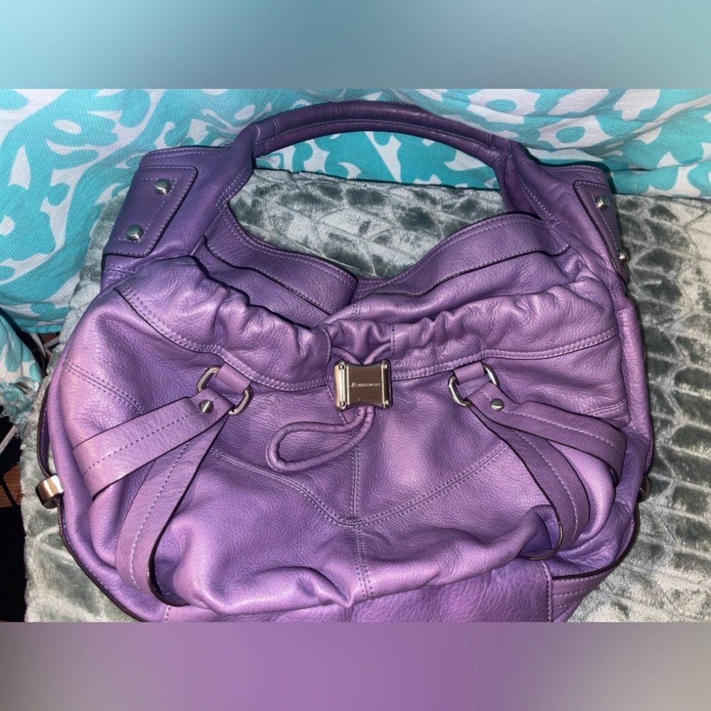 B Makowsky Purple Genuine Leather Hobo Bag Leopard Lining Dust Bag Pristine